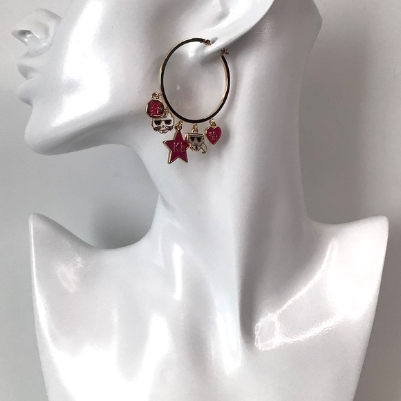 New Karl Lagerfeld Paris Gold-Tone Mixed Charm Hoop Earrings - Picture 4 of 8